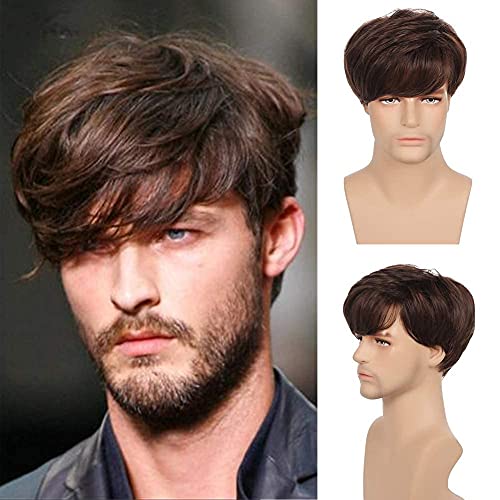 Swiking Brown Curly Men Wigs with Bangs Short Layered Fluffy Handsome Daily Costume Synthetic Full Wigs for Male Natural Hair Replacement Wig