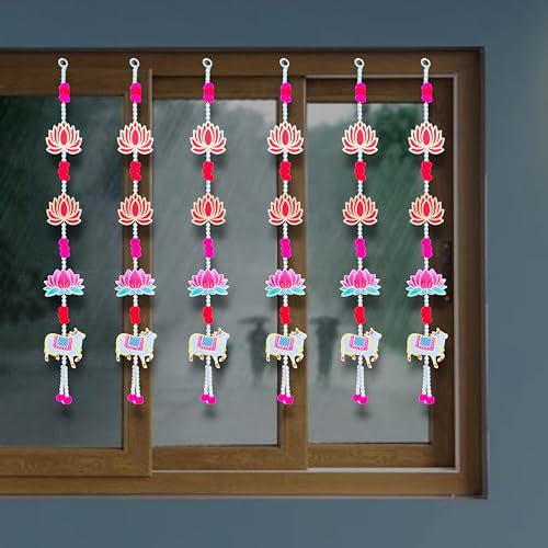 Image of Rajasthan Kraft Decorative Beads Hanging, Pack of - 6, with Lotus, Pom Pom & MDF Cow, for Beads, Size - 28 * 4 Inch, Perfect Used for - Home Decor, Festival Decoration & Wedding Decoration, (36805-6)