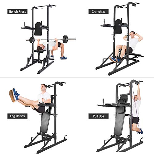 Mikolo Power Tower, 700 LBS Dip Station with Flat/Sit-Up Weight Bench, Pull Up Bar for Home Gym, Workout, Strength Training (2021 New)