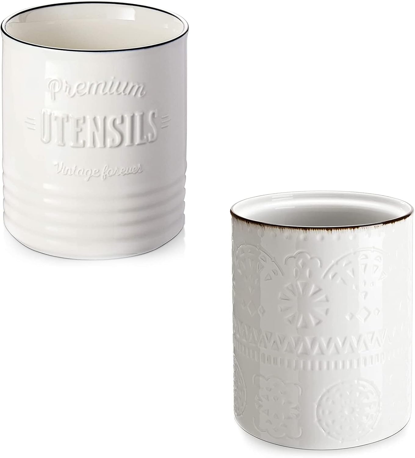 DOWAN Off White 7.2'' Rustic Kitchen Utensil Holder + 7.2'' Large Farmhouse Utensil Holders for Countertop, Off White