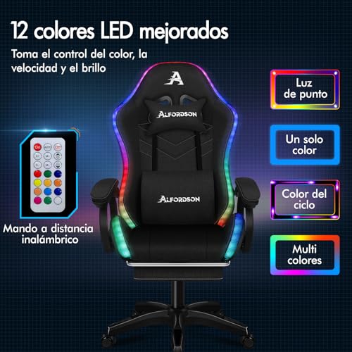 Miniatura 4 de Alfordson Led Silla Gaming, Silla Gamer Con Masaje De 8 Puntos, Silla De Ordenador Ergonómico Con Iluminación Rgb Con Soporte Lumbar Y Reposacabezas, Material De Tela, Negro