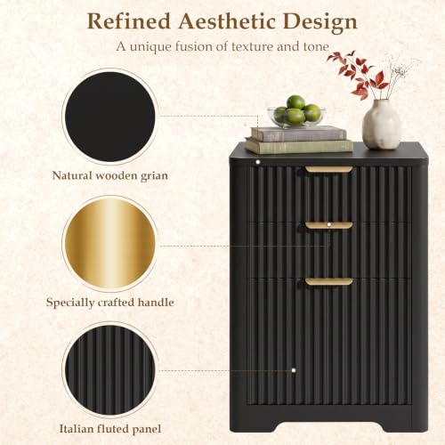 Image of Halitaa 3 Drawers File Cbinet, Fluted Wood Lateral Filing Cabinet, Black