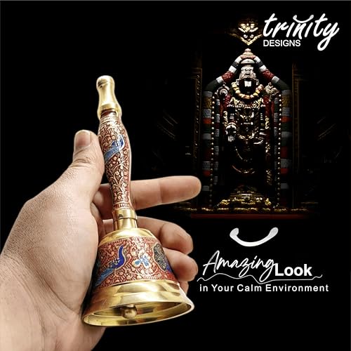 Image of Trinity Designs 7 Inch Brass Ghanti Pooja Bell - Indian Traditional Carving, Premium Feel - Meditation Bell for Home Temple - Brass Hand Bell for Puja Items