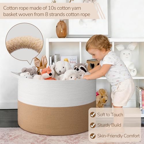 Image of INDRESSME 115L Extra Large Jute Rope Basket, Blanket Basket Home Decor Baby Laundry Baskets for Toys Storage Bedroom, Living Room, Nursery, Boho Hamper for Colthes Towel, White & Camel