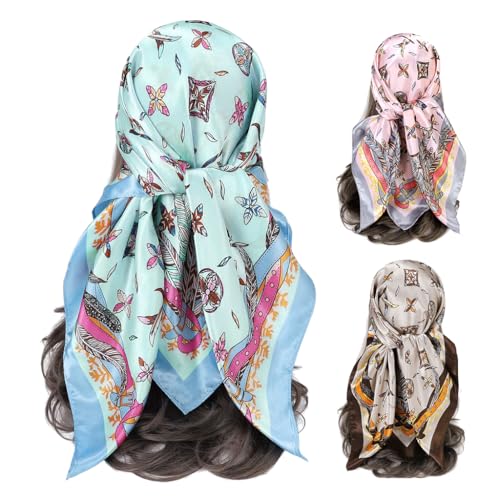 Image of PALAY 3Pcs Silk Scarf for Women Stylish, Satin Neck Head Scarf for Women, 35 In Square Summer Comfy Beach Hair Scarf, Fashion Print Silk Scarves for Woman Ladies Gift