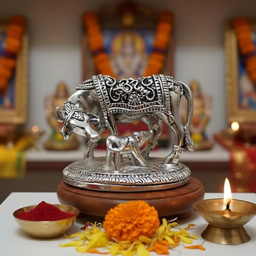 Image of 999 Pure Silver Plated Kamdhenu Cow with Calf Idol | Auspicious Vastu Home Decor for Pooja Room & Mandir | Symbol of Prosperity & Abundance | Religious Gift Showpiece