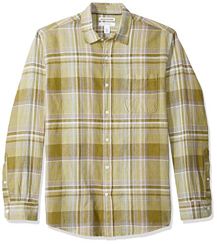 Amazon Essentials Men's Regular-Fit Long-Sleeve Plaid Linen Shirt, Olive, XX-Large
