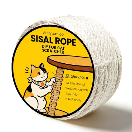 Natural Sisal Rope for Cat Scratching Post Replacement 3/16 Inch x 100 ft Twine for Repair Restore & DIY Cat Trees Towers Furniture White