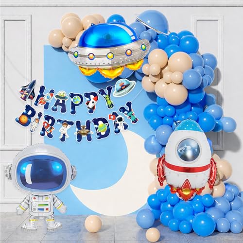Image of Space Theme Birthday Decoration Kit for Boys & Kids - 50 Pcs Happy Birthday Banner with Rocket, Astronaut & UFO Foil Balloons Set for Space Party & Galaxy Theme Bday Decor
