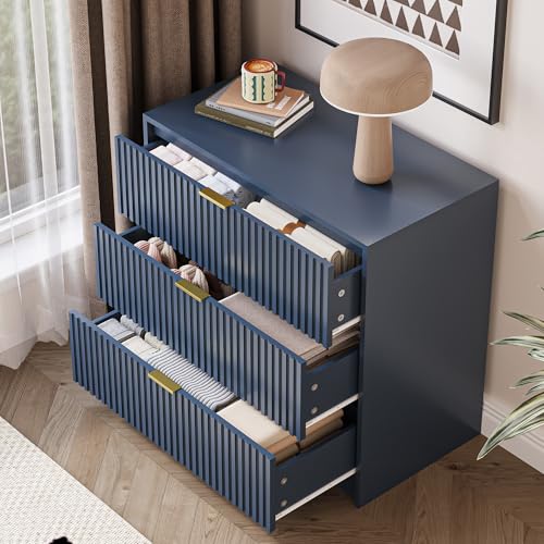 Image of MAISONARIA Fluted Dresser for Bedroom, 32 Inch Wide Nightstand with Large Drawer, 3 Drawer End Table for Bedroom, Living Rooms, Offices, and Entryways, Navy Blue