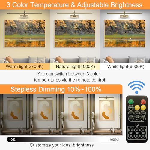Image of Tassuowell Antique Bronze Picture Light, 23.6 Inch Remote Control Painting Lights for Wall Cordless, 3CCT Dimmable Wall Lights for Pictures, Rechargeable Art Light for Pictures On Wall with Timer