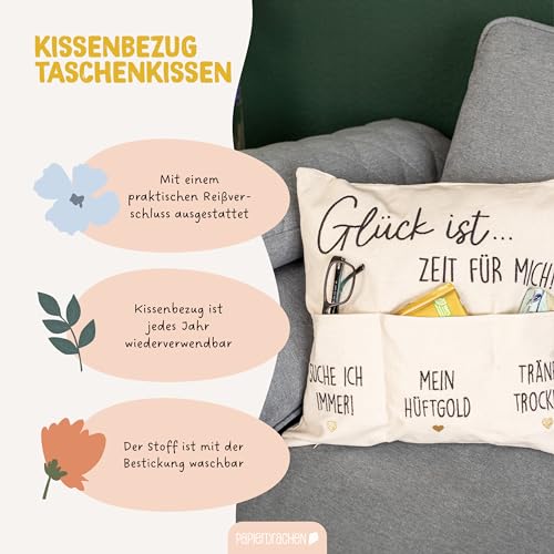 Papierdrachen Taschenkissenbezug | praktischer Kissenbezug mit Taschen | hochwertige Bestickung | Muttertag Geschenkidee | in Größe 40x40cm