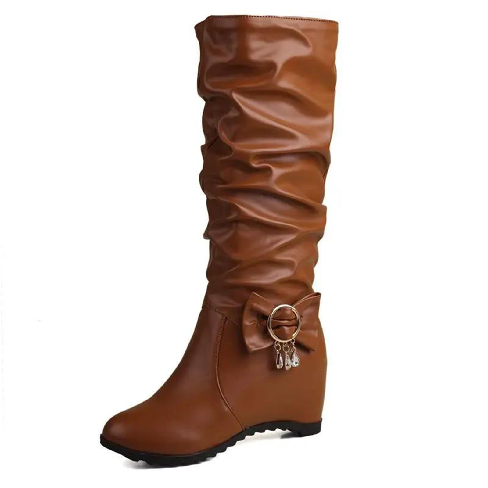 Womens Knee High Boots Round Toe Height Increasing Super High Heel Slip On With Pleated And Metal Decoration