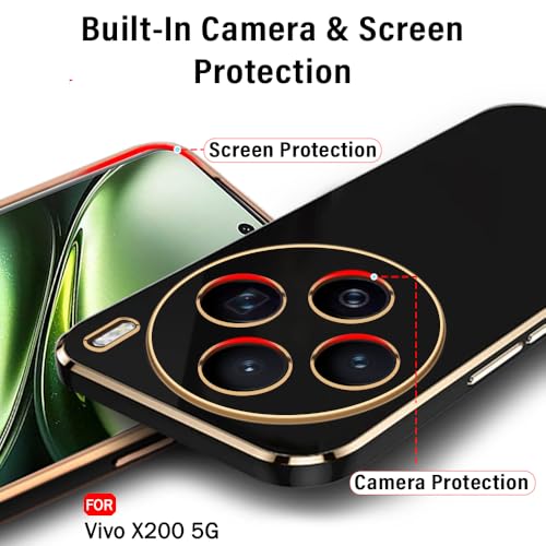 Image of TheGiftKart Luxurious Golden-Plated Back Cover Case for Vivo X200 5G | Raised Lips for Camera & Screen Protection | Shockproof Design | Stylish Back Cover Case for Vivo X200 5G (TPU, Black)