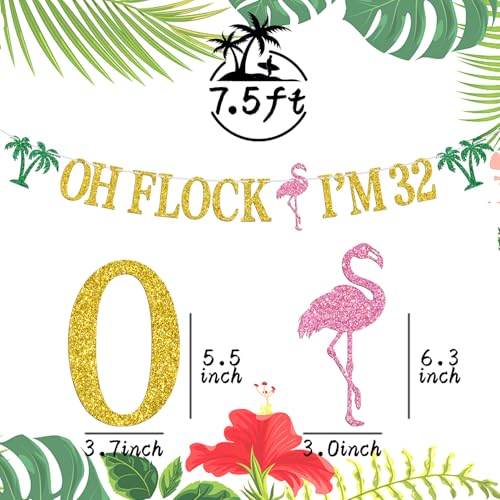 Image of Oh Flock I'm 32 Banner, Glitter Happy 32nd Birthday Anniversary Party Decorations, Pineapple Party Decor, Hawaiian Luau Tropical Aloha 32 Theme Party Photo Props