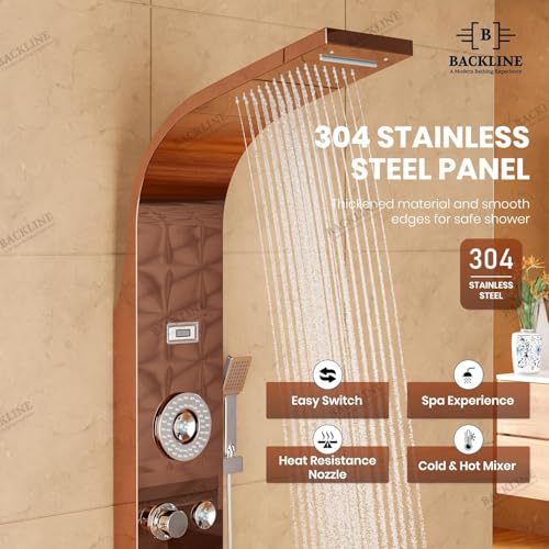 Image of Backline 6-in-1 Multifunction Shower Panels (Rose Gold) - SS 304 Grade | LED Rainfall, Rotatable Body Jets, Hand Shower & Tub Spout | Wall Mount Shower Panels for Bathroom