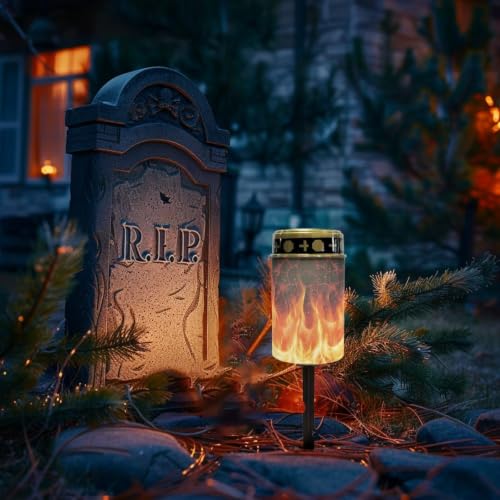 Image of Halloween Solar Flame Lights, Waterproof Flameless Candles | LED Grave Lights Cemetery Decor, Cute Ghost Solar Powered Landscape Lights for Grave Memorial Gift, Outdoor Use