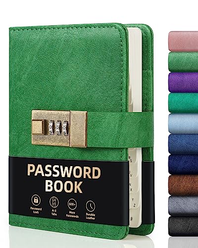 WEMATE Libro de contraseñas con cerradura, libro de contraseñas con pestañas alfabéticas más de 600 espacio de contraseñas, guardador de contraseñas para computadoras y sitios web de, verde hierba