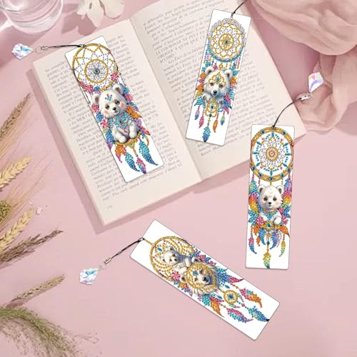 Image of 4 Pcs Diamond Painting Bookmarks, White Bear and Lion Dreamcatcher DIY Diamond Art Kits for Adults, Rhinestone Drill Crafts Bookmarks with Tassel for Graduation Birthday Gifts
