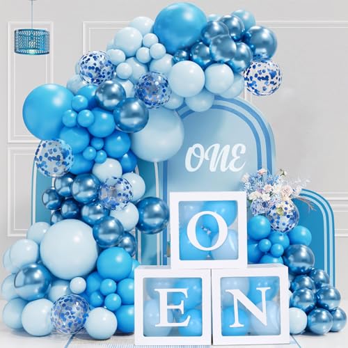 1st Birthday Decorations for Boys - 3Pcs One Balloon Boxes for 1st Birthday with 104Pcs Blue Balloons Arch Kit Bluey Balloon First Birthdays Decoration One Birthdays Boxes for Baby Boy 1 Year Old