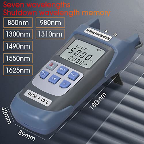 Side view of the COMPTYCO AUA-G510B Optical Fiber Power Meter showing its dimensions (180mm length, 89mm width, 42mm height) and a list of supported wavelengths.