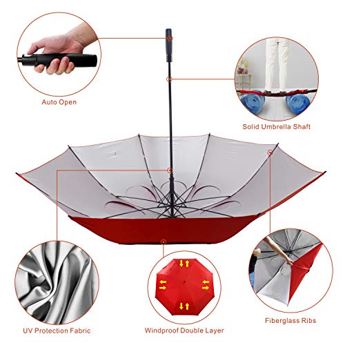Lejorain 68 Inches Extra Large Windproof Golf Umbrella - Double Canopy SPF 50+ UV Protection from Storm/Blizzard/Rain/Sun(red)