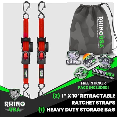 Image of Rhino USA Retractable Ratchet Straps (2-Pack) - 1 Inch x 10 Feet (1,209lb Break Strength) - Auto Self Retracting Tie Down Straps for Truck, Cargo Trailer, Motorcycle, ATV, UTV - Red