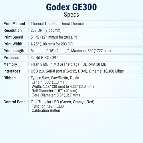 Image of McAuley Labels GoDEX GE300 Asset Tag Printer - 4 inch, 203 DPI Desktop Barcode Thermal UPS Label Printer for Shipping, Inventory, Retail - USB Ethernet