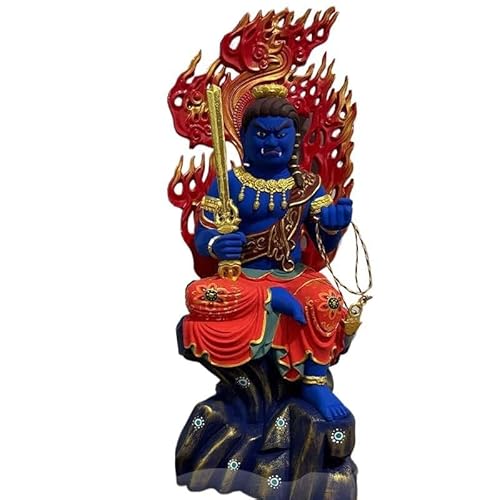 木彫り 仏像【不動明王 半跏像 】桧木製 極彩色絵系 (高さ17cm)