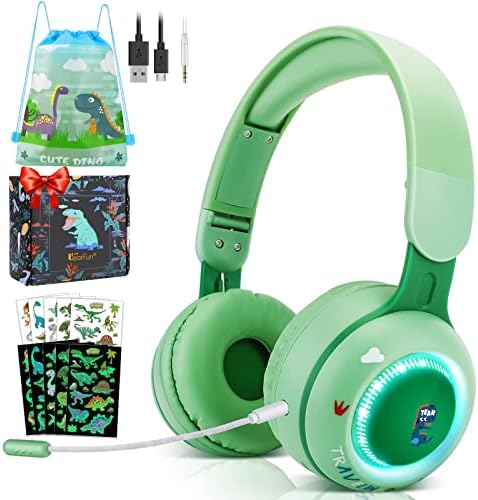 QearFun Kids Toddlers Bluetooth Headphones, Foldable 9 Colorful Led Lights Wireless Dinosaur Headphones with Mic & 3.5mm Jack, Boys Girls On-Ear Gaming Headset Gifts for PS4/Xbox One/Switch/PC/Tablet