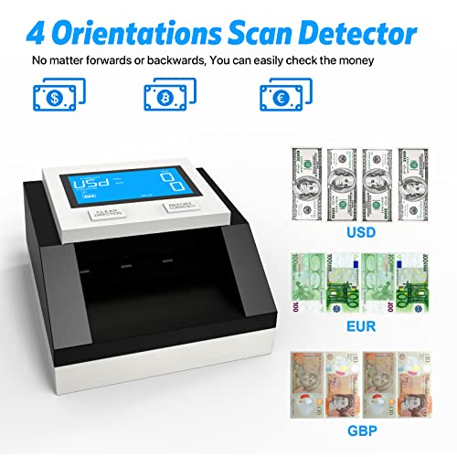 Counterfeit Bill Detector, Rechargeable, 4 Way Direction Usd & Eur Bill Checker Machine, With Infrared, Magnetic And Ultraviolet Sensors, Easy Pass/Fail Indicator #TOP3