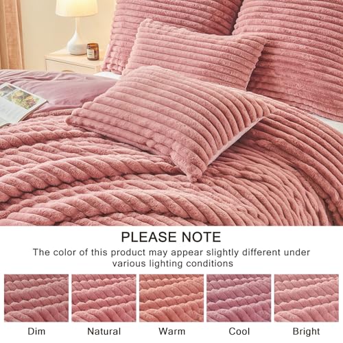 Image of EMME Faux Fur Duvet Cover King Size, 3 Pieces Ultra Soft Fluffy Comforter Cover, Cozy Warm for Winter, Luxury Elegant Shaggy Striped Design Bedding, 1 Duvet Cover & 2 Pillow Shams (King, Old Pink)
