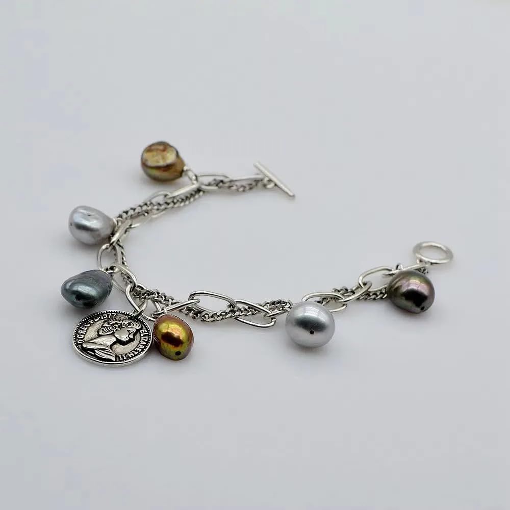 Vintage Style Freshwater Pearl Charm Bracelet, Silver Chain with Baroque Pearls, Multi-Color Natural Pearls, Queen Coin Pendant