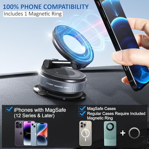 Image of Humble 360 Vacuum Magnetic Car Phone Holder - Strong Suction Cup Mount for Dashboard, Windshield, Rearview Mirror, Shower and Gym, Universal Hands-Free Phone Mount for All Smartphones - Black (MH07)