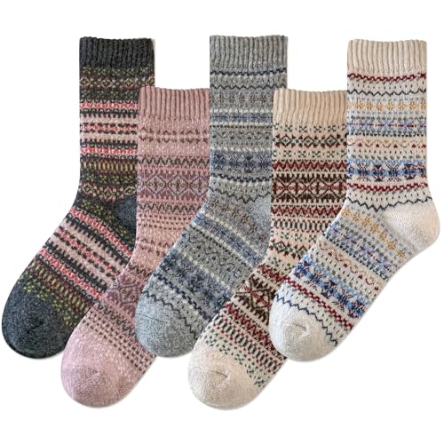 Image of IIG 5 Pairs Women's Vintage Style Thick Wool Warm Winter Crew Socks