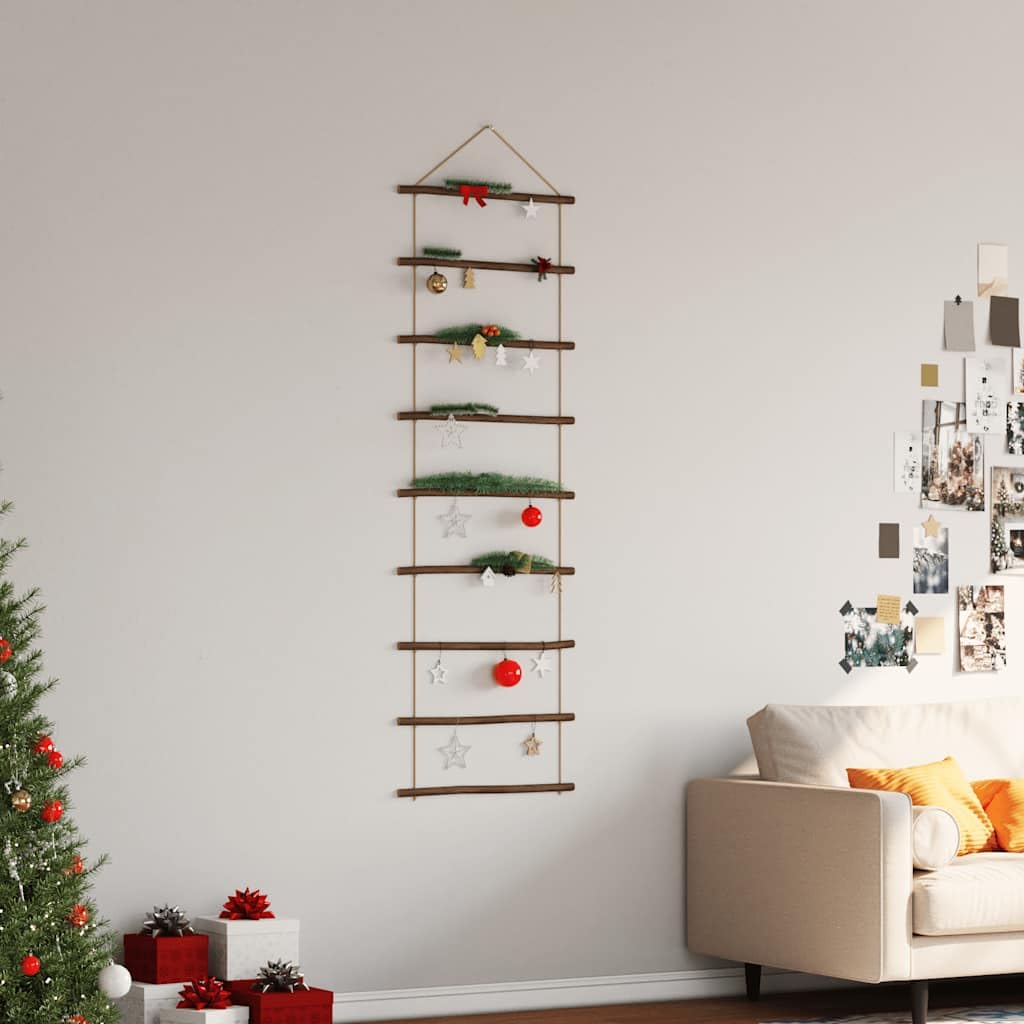 Dekoracja ścienna w kształcie drabiny z naturalnego drewna 50 x 150 cm z 9 gałązkami liny konopnej, rustykalny urok, do wnętrz, wszechstronna jako wioska bożonarodzeniowa, miniaturowa wioska i