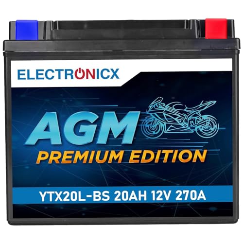 Electronicx YTX20L-BS AGM Motorradbatterie 12V 20Ah 270A - Wartungsfreie versiegelte vibrationsfeste kompakte starke Starterbatterie - Ideal für Roller Quad ATV und Motorrad - sofort einsetzbar.