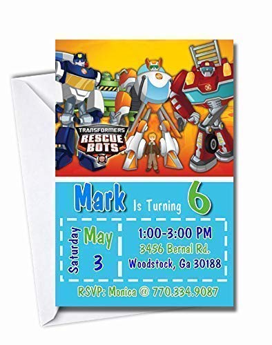 Transformers Rescue Bots Personalized Birthday Pack of 10 or Digital Invitations More Designs Inside! Includes Envelopes Cardstock Matte Glossy