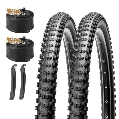 MOHEGIA Mountain Bike Tires Set: 2 Pack 26x2.1 Inch Folding Bicycle Tires Replacement and Pair 26 Inch Inner Tubes Schrader Valve with Tire Levers