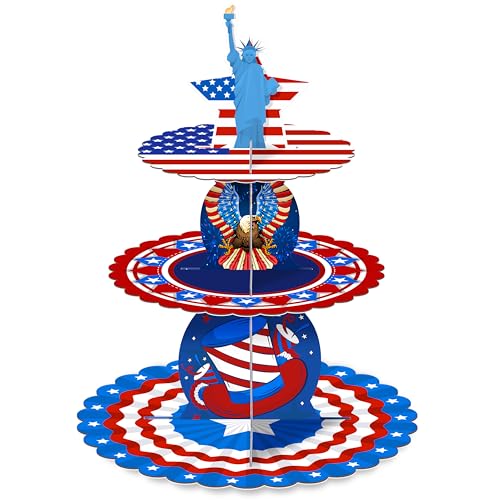 3 Tier 4th of July Cupcake Stand Patriotic Independence Day Statue of Liberty Dessert Tower Holder Display Cardboard USA American Flag Party Decoration Supplies for Memorial Day Labor Day Veterans Day