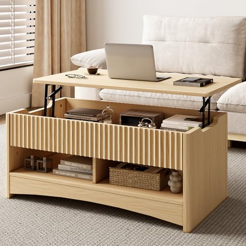 Amada Lift Top Coffee Table with Storage Shelf & Hidden Compartment, Modern Fluted Rectangle Dining Table for Living Room, Home Office,Natural Oak