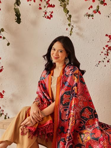 Image of Kalamkari Patola Dupatta Digital Printed With Handmade Tassels