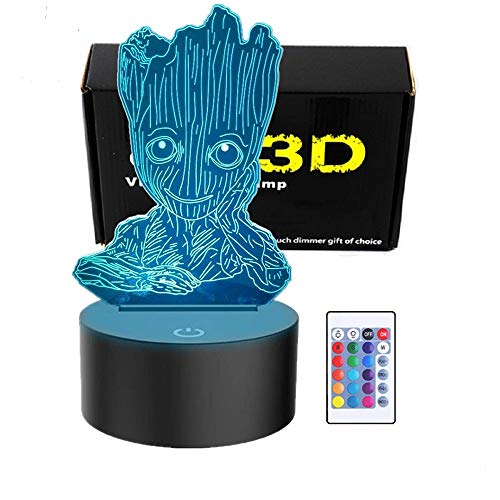 Groot Baby - Lámpara de mesa con luz LED en 3D, mando a distancia, ilusión nocturna, 7 colores cambiantes, funciona con 3 pilas AA (pilas no incluidas) Cover
