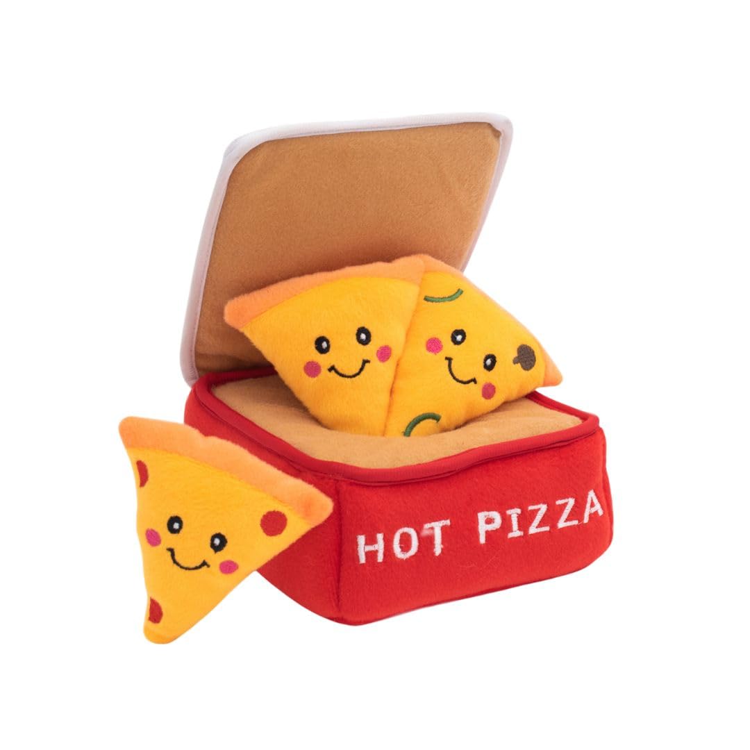 ZippyPaws Zippy Burrow Interactive Dog Toys - Hide and Seek Dog Toys and Puppy Toys, Colorful Squeaky Dog Toys, and Plush Dog Puzzles, Pizza Box