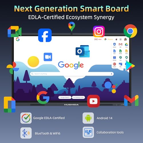 Image of 65 inch Smart Board Google EDLA-Certified 4K Interactive Whiteboard SmartBoard for Classroom & Office Business, Android 14 Touchscreen with 13MP AI Camera 8G RAM+64G ROM, 40-Points, Wall Mount Included