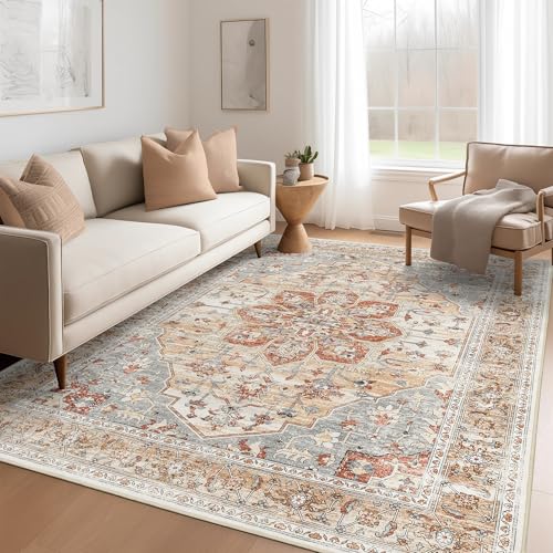 Rugland 5x7 Area Rugs - Stain Resistant Washable Rug, Anti Slip Rugs for Living Room, Vintage Tribal Area Rugs(TPR11-Orange, 5'x7')