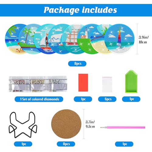 Image of ZTOTZ Ocean Diamond Art Coasters Kit, 8Pcs DIY Crafts | Includes Holder Stand, Cork Backing Pads, Ideal Christmas Gift, For Adults & Beginners, Round 3.9in / 10cm Size