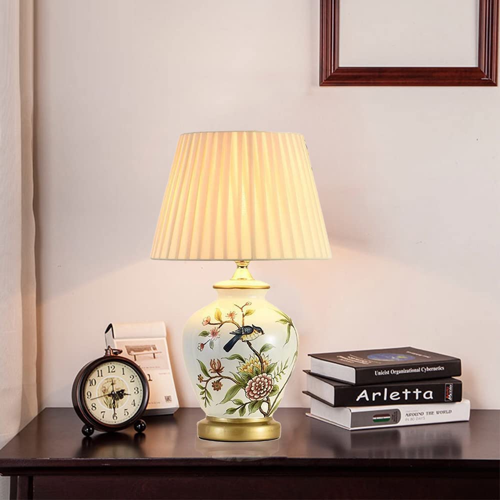 Mengjay Lampada da tavolo salotto lampada Vintage,Ceramica Lampada da scrivania,Luce da Scrivania in Tessuto Bianco,E27 Lampada comodino per camera da letto, studio, comodino, scrivania (Bianco)