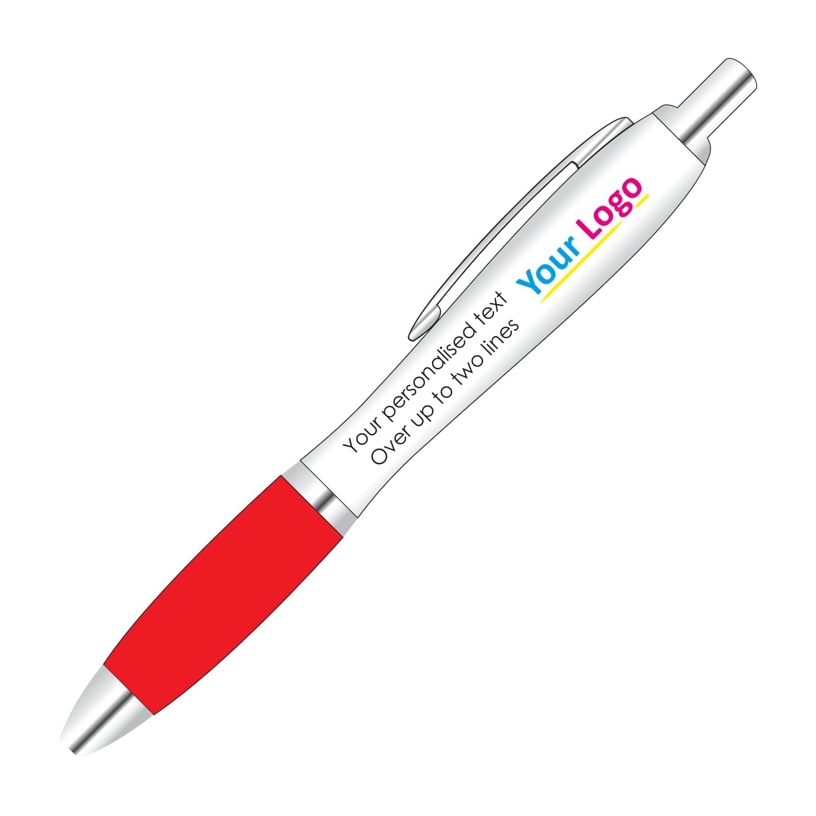 Full Colour Printed Logo Pens x 20 With Personalised Text Options for Custom Promotion With Red Colour Grip.