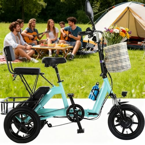 Kompaktes Faltbares Elektro-Dreirad für Erwachsene, Elektrofahrräder, Elektromobil, Bürstenloser Motor, 48V 10.4Ah, 11–20 km/h, 14' Reifen, Maximale Belastung: 180 kg, Für Stadt&Einkäufe Green